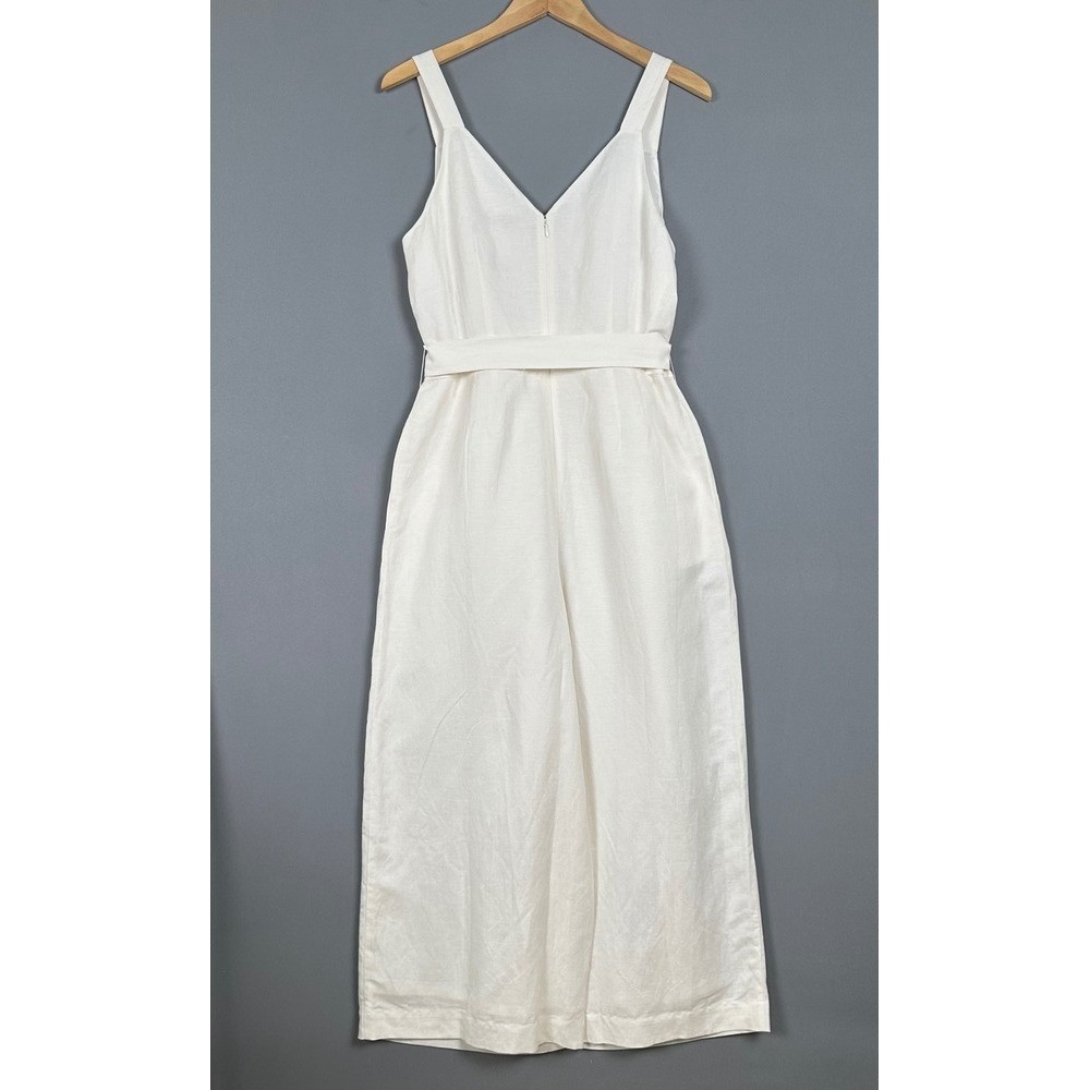 LOFT Womens 8 White Linen Blend Wide Leg Cropped Jumpsuit Romper Tie Waist - Picture 3 of 13